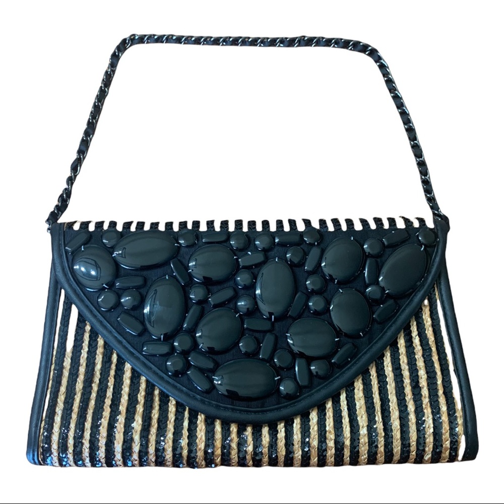 Chico's Black Straw and Beaded Clutch